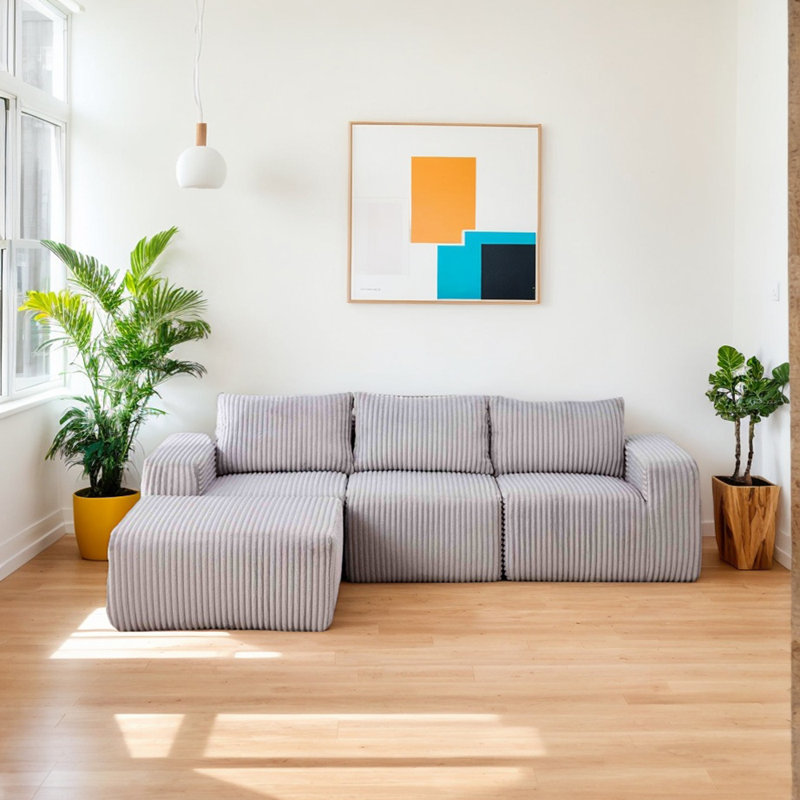 Canapé modulaire en L, Velours côtelé gris pâle