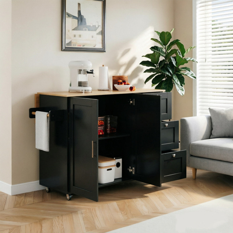 135 cm W Kitchen Island with, Black