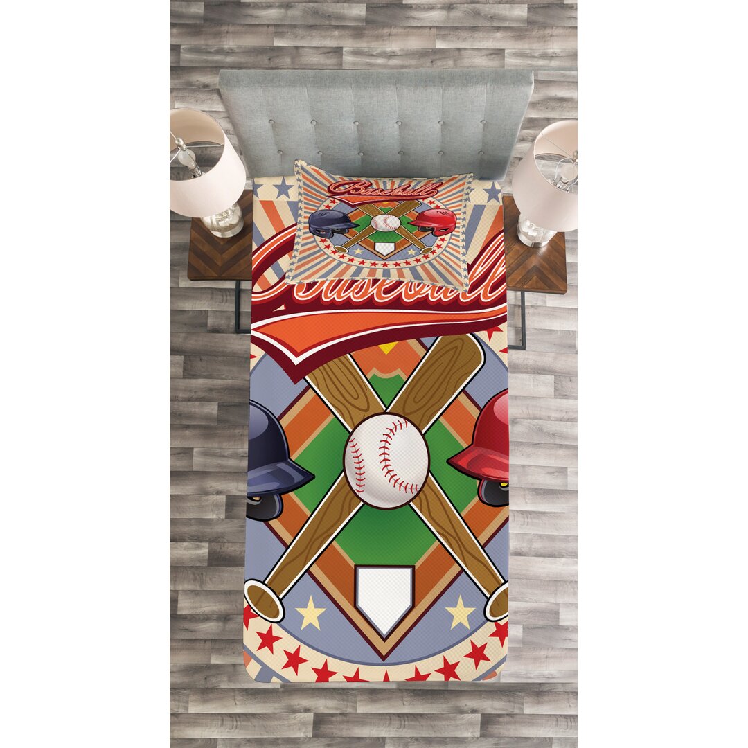 Gestepptes Bettdecken-Set, Retro Pop-Art-Baseball, Bunt, Mehrfarbig