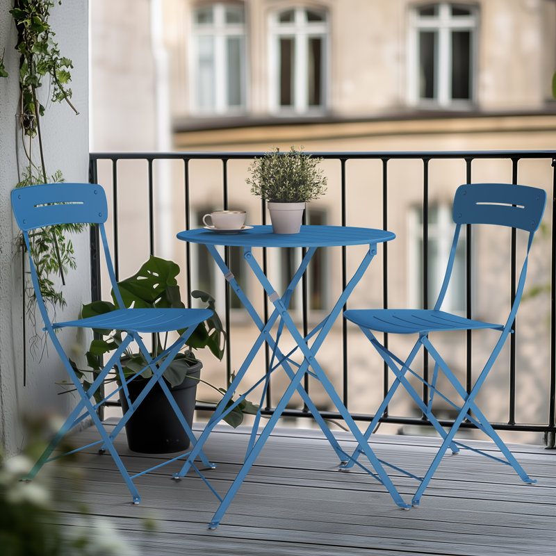 3-Piece Folding Outdoor Bistro Set with Round Table and 2 Chairs for Patio, Balcony & Garden, Blue