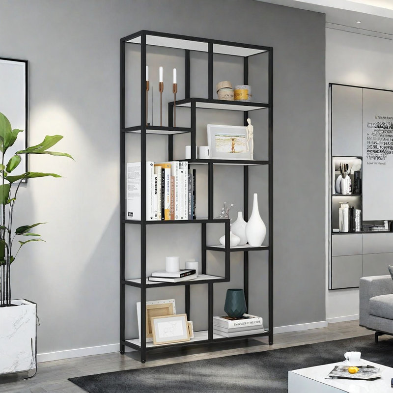 Bibliothèque créative et tendance, (7 tablettes) H 78,7 po x l 39,3 po x P 11,8 po, Noir / blanc