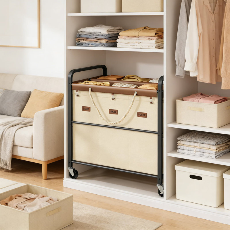 Chariot de trieur de linge robuste avec 6 sacs amovibles, grande capacité de 295 L, roues verrouillables et cadre en métal robuste pour l'organisation à la maison