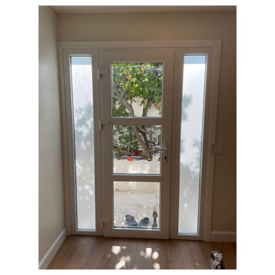 Front Exterior Prehung FiberGlass Door Clear Glass See-through Manux 8555 White Silk Clear Glass 2 Side and Top Exterior Window Office Commercial and Residential Doors Entrance Patio Garage-W14+36+14 x H80+14-Left-hand Inswing