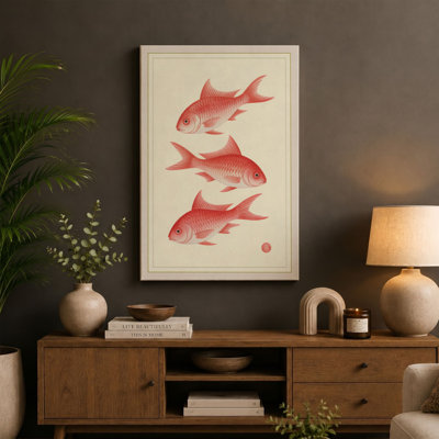 Three Goldfish Study Japandi - Wrapped Canvas