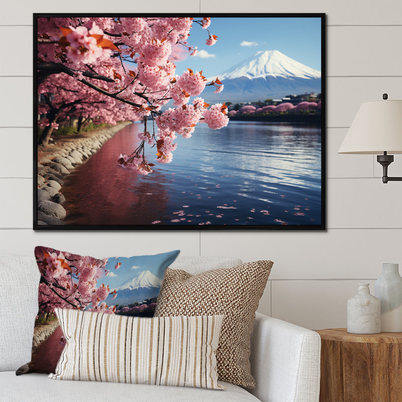 Impression sur toile Cherry Blossum, Mont Fuji, Japon I - Montagnes, H 44 po x l 34 po x P 1,5 po, Cadre flottant noir