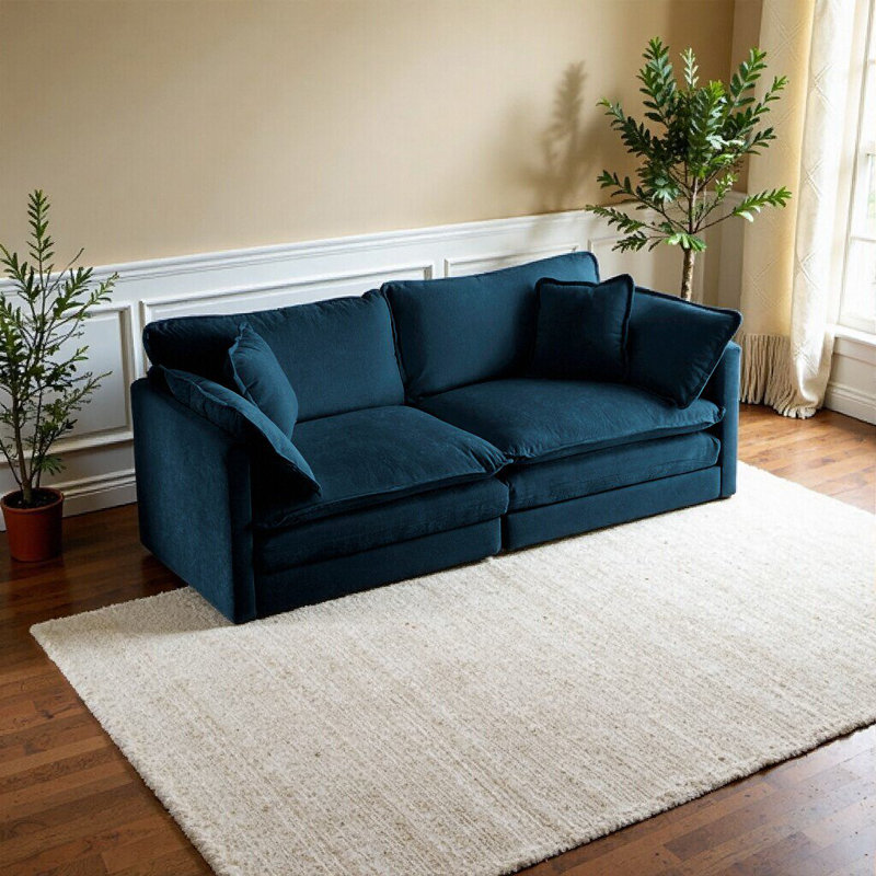 Canapé-lit moderne en chenille bleu - siège profond à 2 places avec 4 coussins, confort de qualité supérieure pour le salon
