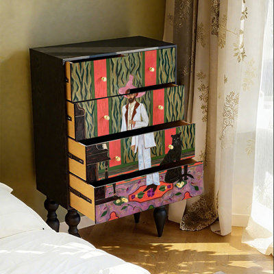 Pine Frame Five Drawer Decorative Cabinet