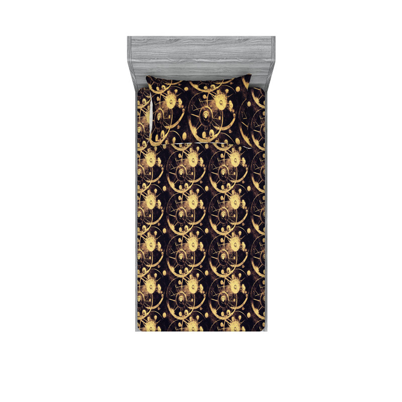Ambesonne Fitted Sheet & Shams, Twin Sheet Set with 1 Pillowcase, Dark Purple/Pale Mustard Abstract