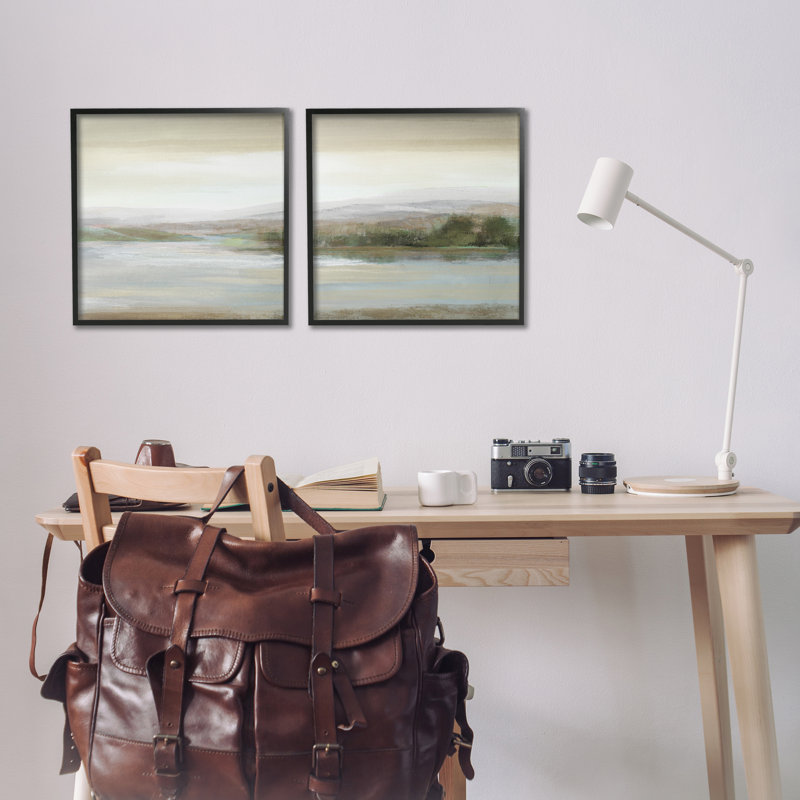 «Abstract Lakeside Landscape», ensemble de 2 estampes numériques par Nan, Giclée encadrée noir minuit, H 17 po x l 17 po
