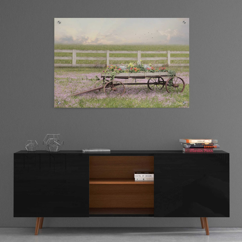 «Country Flower Wagon» par Lori Deiter, art mural en verre acrylique, H 24 po x l 36 po x P 0,2 po