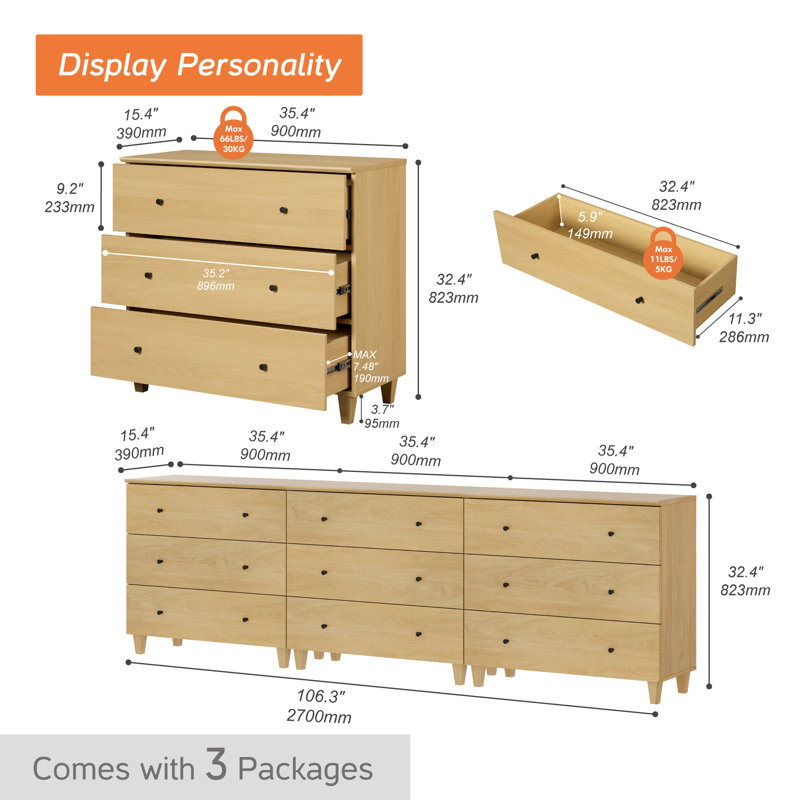Lysiane 3-In-1 Wooden Dresser With 9 Drawers For Bedroom, Oak