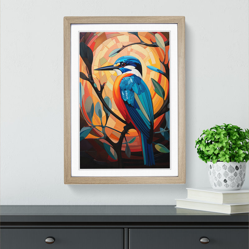 Kingfisher Constructivism No.2 - Single Picture Frame Print on Wood, 64cm H x 46cm W x 2cm D, Oak 