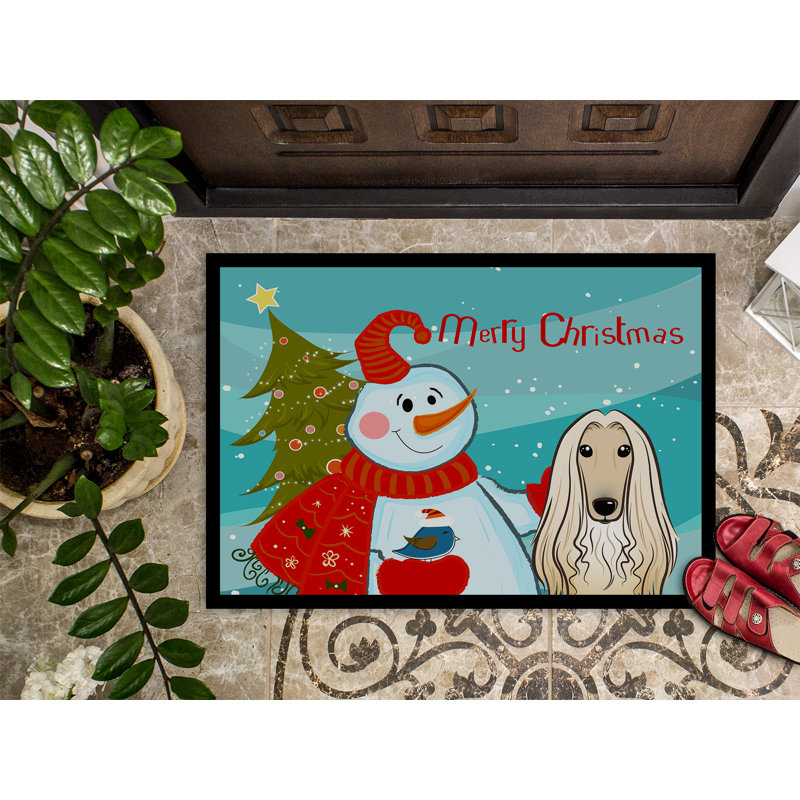 Tapis de porte pour l’extérieur anti-dérapant bonhomme de neige avec afghan hound, Rectangle 2 pi x 3 pi