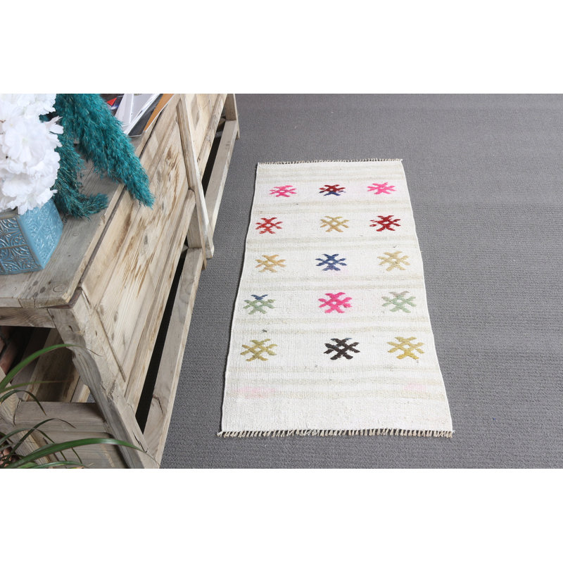 Handwoven Turkish Style Vintage Inspired Small Hemp Rug With Intricate Anotolian Patterns for Any Room in Vibrant White