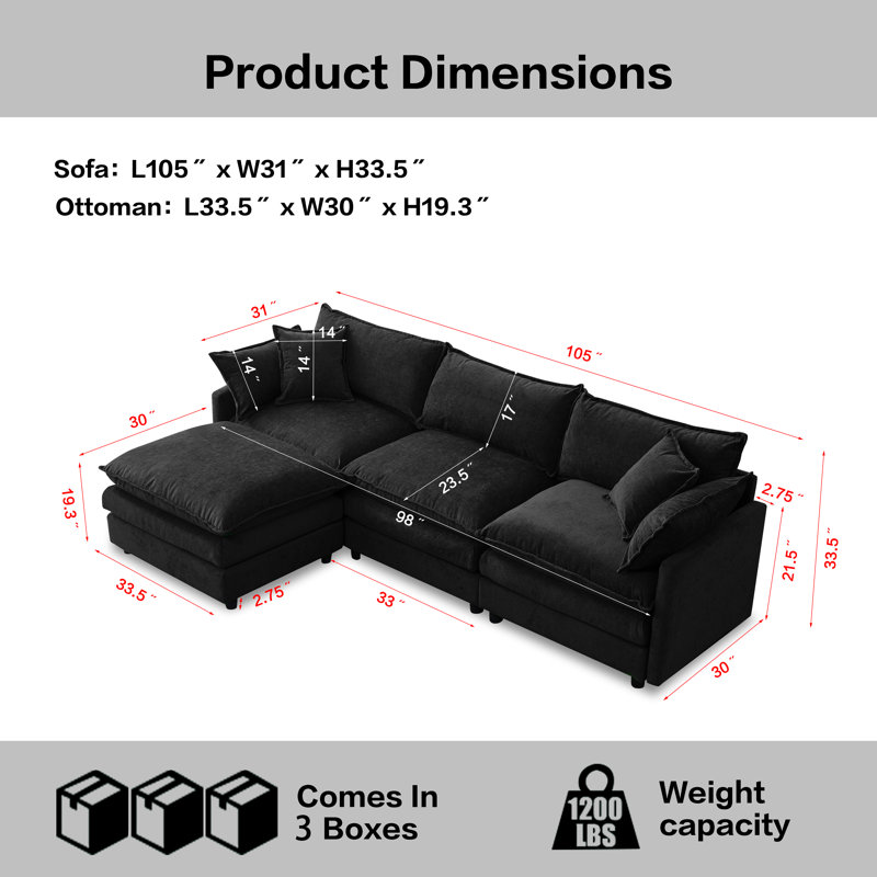 Chenille Modular L-Shaped Sectional Sofa - 3-Seater Comfy Cloud Couch Set with Movable Ottoman, DIY Combination for Living Room