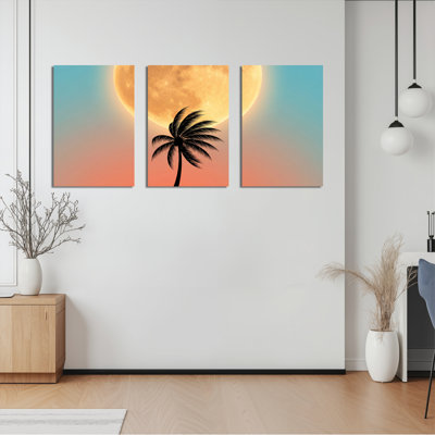 Palmier coucher de soleil sur toile tendue, reproduction d'art sur toile, ensemble de 3 pour salon chambre à coucher