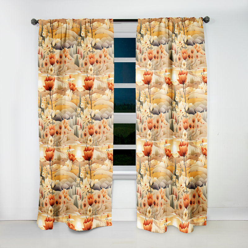 Motif bohème de fleurs de prairie beige I - Rideau floral - Velours obscurcissant - 1 panneau, L 52 po x L 120 po