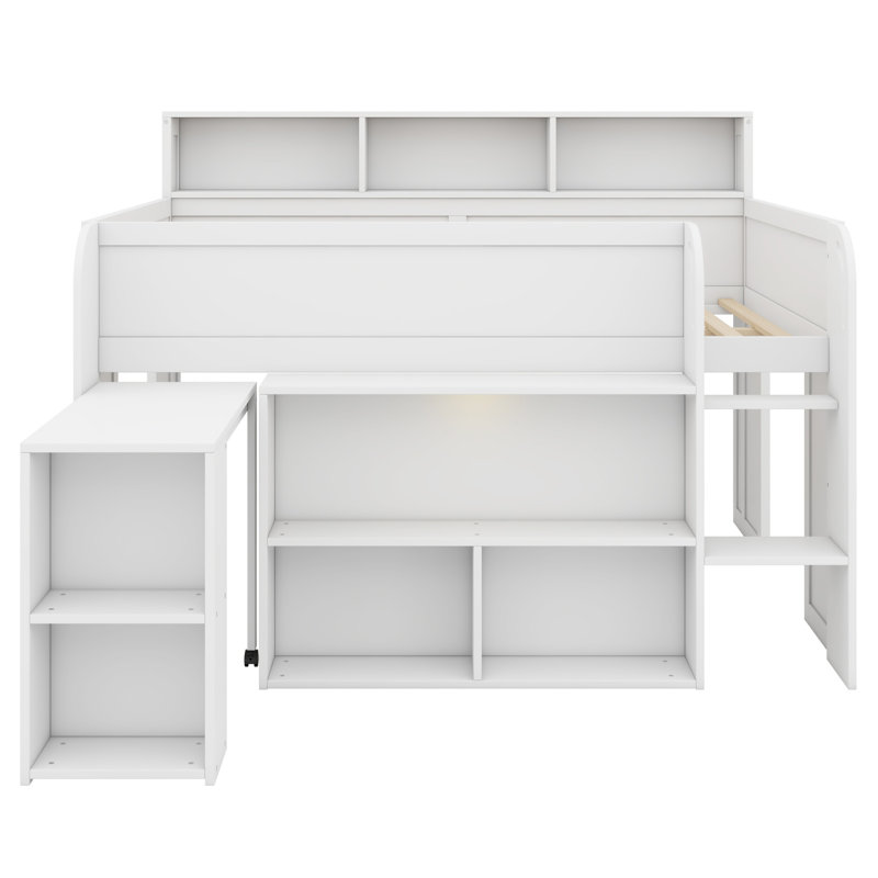 Élégant lit mezzanine en bois avec bureau d'étude, tablettes de rangement et DEL, Blanc