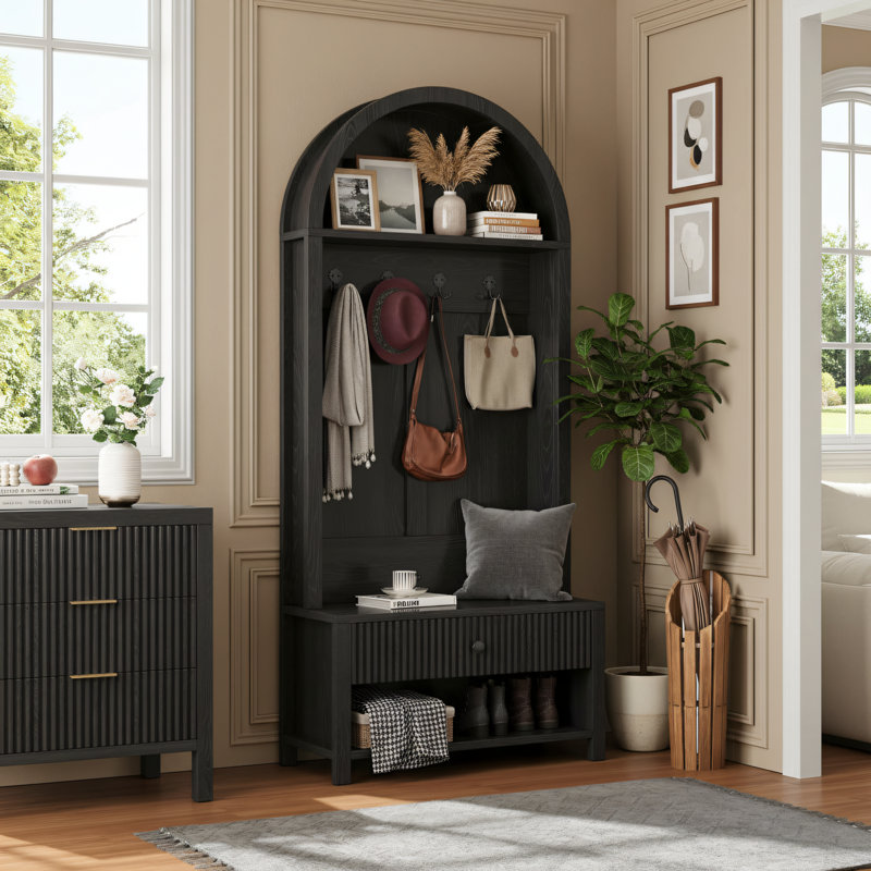 70.88-Inch Black Farmhouse Style Wooden Coat Rack With Four Hooks - Suitable For Hallway, Foyer, Living Room, And Entryway Storage