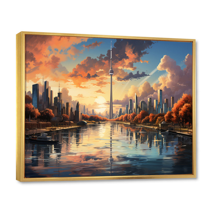 «The Canadian City From Water» sur toile, Cadre flottant doré, H 12 po x l 20 po x P 1 po