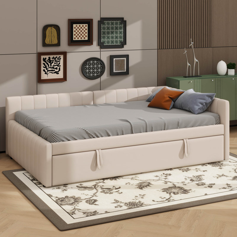 Lit de jour en L pleine grandeur avec lit gigogne escamotable, Beige