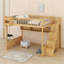 Grand lit mezzanine en bois avec escalier et garde-robe, tablettes de rangement et espace sous le lit-946739585
