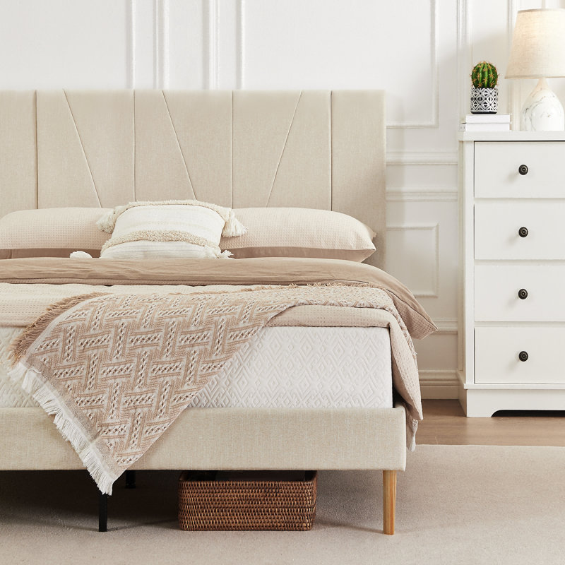 Base de lit tapissier avec tête de lit Jadel, Beige / brun, Très grand