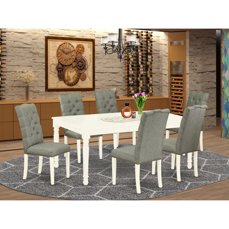 7 Piece Dining Table Set Consist of a Rectangle Dining Room Table with Butterfly Leaf and 6 Gray Linen Fabric Upholstered Chairs, Linen White