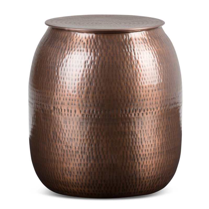 Griffen 19"W Metal Industrial End Table with Drum Design and Hidden Storage, Assembled, Antique Copper