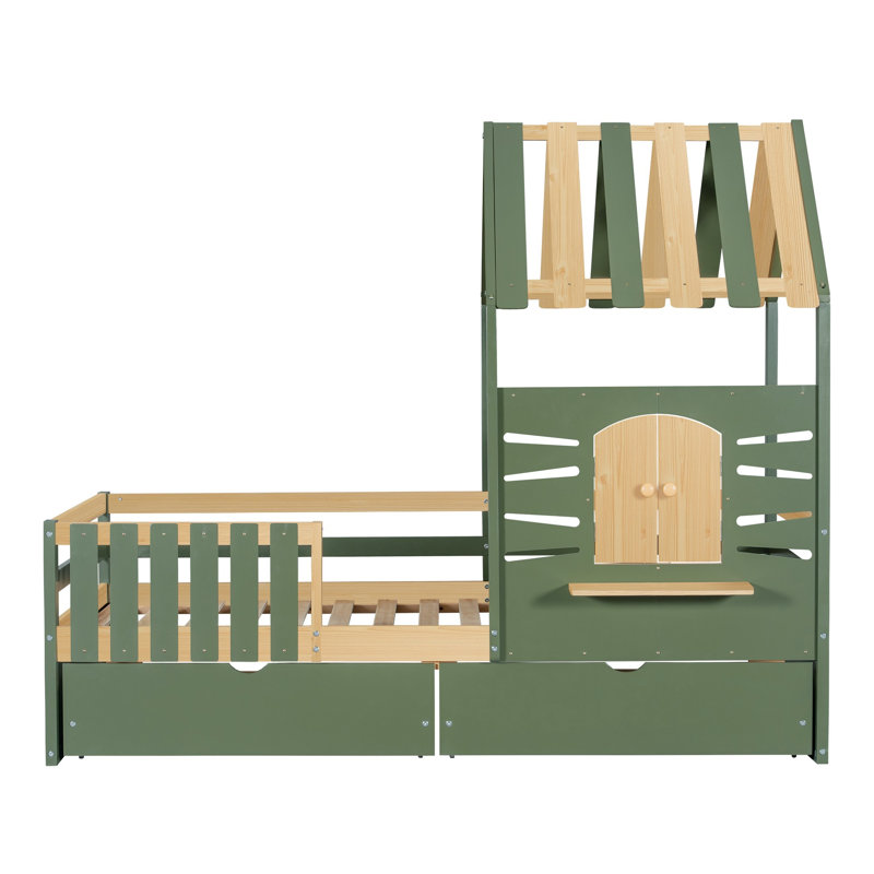 Wooden Cabin Bed Single Size Solid Wood and MDF 2-Piece Children's Bed Green and Natural - With Two Storage Drawers and Roof Design