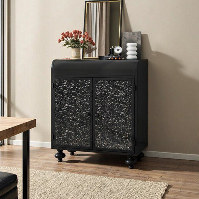 Armoire décorative vieillie avec 2 portes et motif en relief - Buffet de rangement en acier noir antique pour le vestibule, le salon ou la salle à manger (L 27,55 po x l 13,77 po x H 31,88 po)