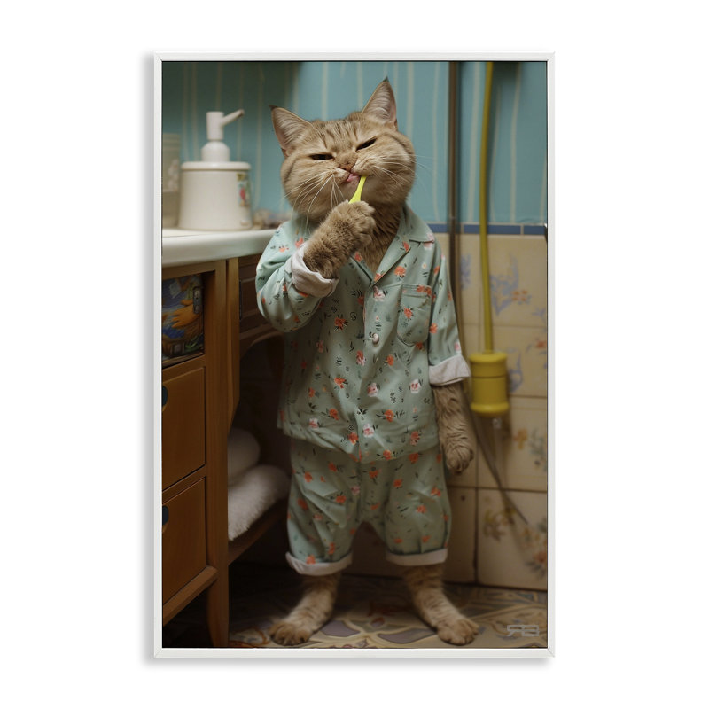 Chat qui se brosse les dents, estampe numérique par Roozbeh Bahramali, Giclée encadrée blanc bord de mer, H 30 po x l 20 po