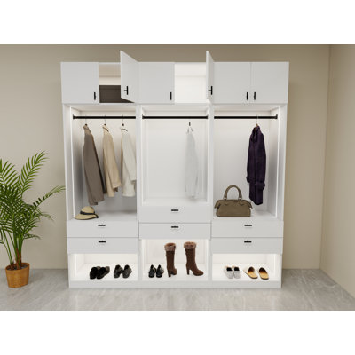 90"W x 93"H x 21"D combination White Wardrobe Closet with LED Lighting, Solid Doors, and Soft-Close Drawers, Plywood Construction