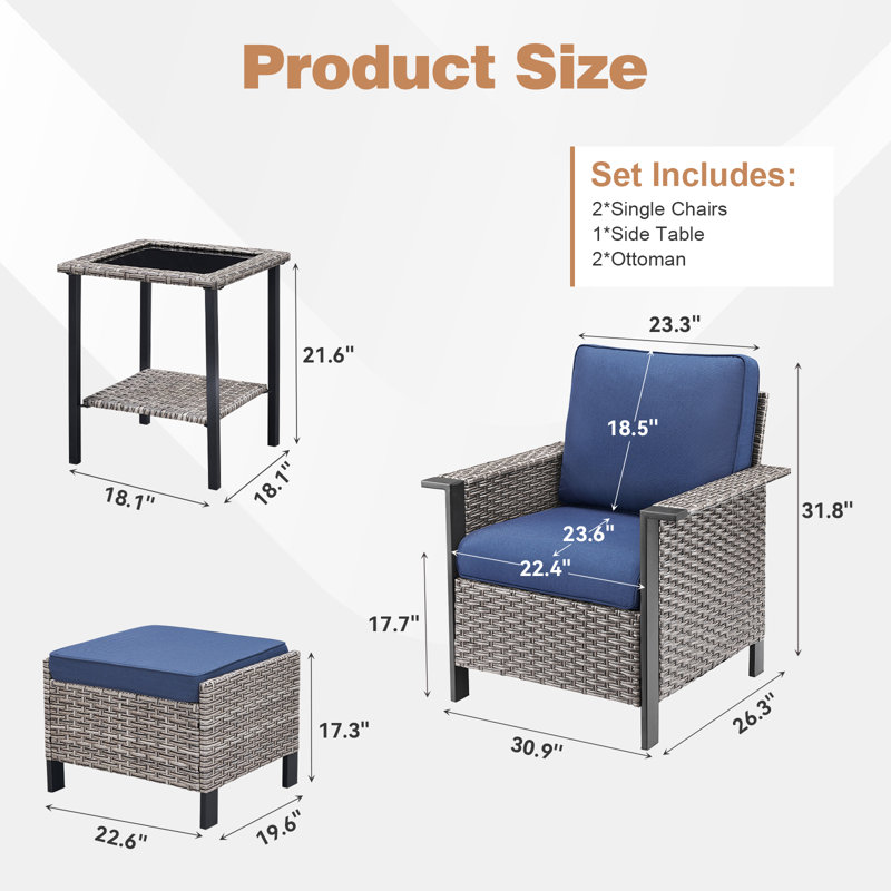 Coady All-Weather Wicker Outdoor Patio Wide Armrest Conversation Set With Side Table, Gray, Blue