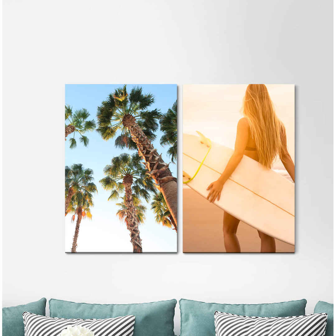 2-tlg. Leinwandbilder-Set - Fotografie „Coconut Palm Summer Surfer Surfboard South Caribbean Dream Island”