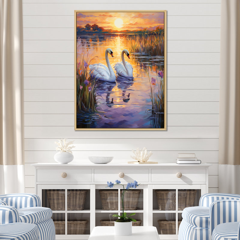 Impression sur toile Swan Lake Twilight II - Swans Animal, Cadre naturel flottant, H 44 po x l 34 po