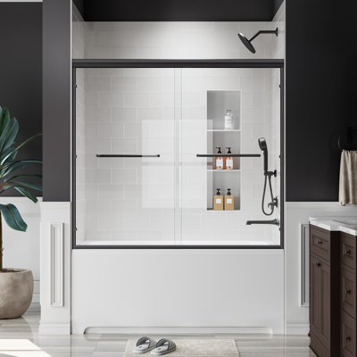 Porte de baignoire coulissante en aluminium noir mat 60 po à l 56 po x H 54 po avec verre trempé 1/4 po