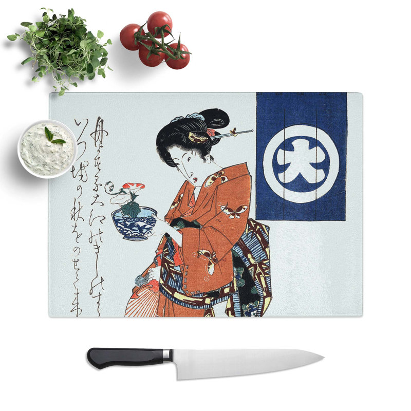 Glass Geisha Carrying A Plant by Toyohara Kunichika Chopping Board, 39 cm W x 28.5 cm L