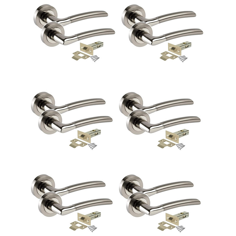 Golden Grace 6 Sets Indiana Style Modern Door Handles Lever on Round Rose in Duo Chrome Finish with 64mm Tubular Latch