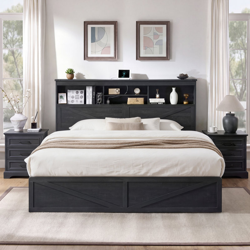 Farmhouse King Size Bed Frame With Charging Station And LED Light, Wooden Storage Bed With 52" Tall Storage Bookcase Headboard & 4 Drawers