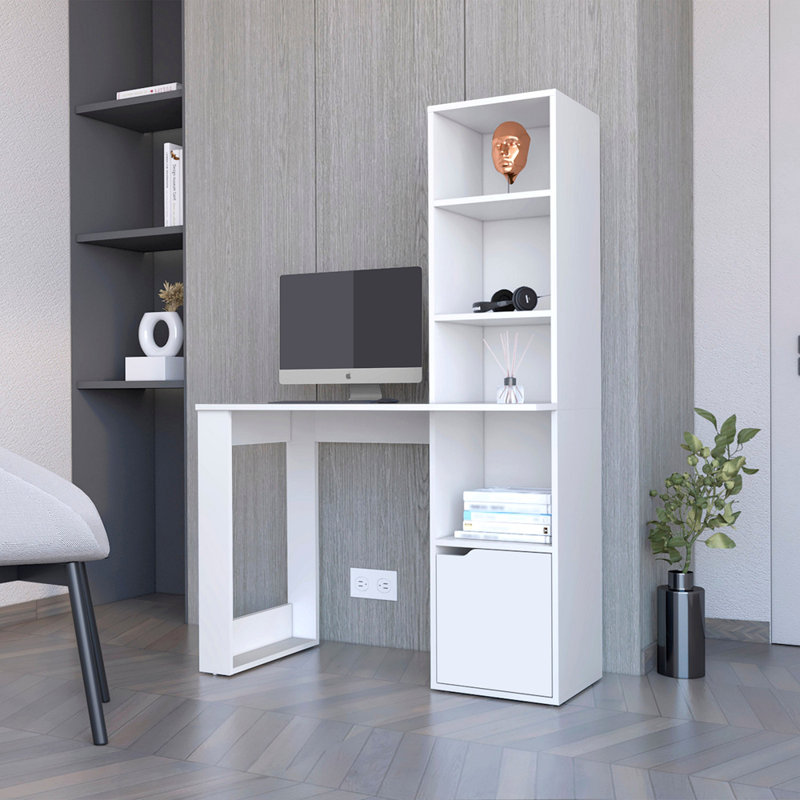 Computer Desk With 4-Tier Bookcase And 1-Door Cabinet, White
