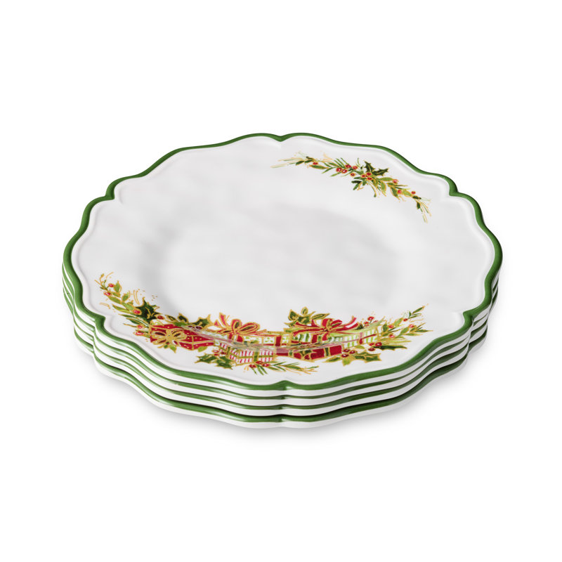 Assiettes à salade de Noël Holly Tree - Ensemble de 4 assiettes de Noël en mélamine avec motif d'arbre de fête, durable et résistant aux bris et lavable au lave-vaisselle