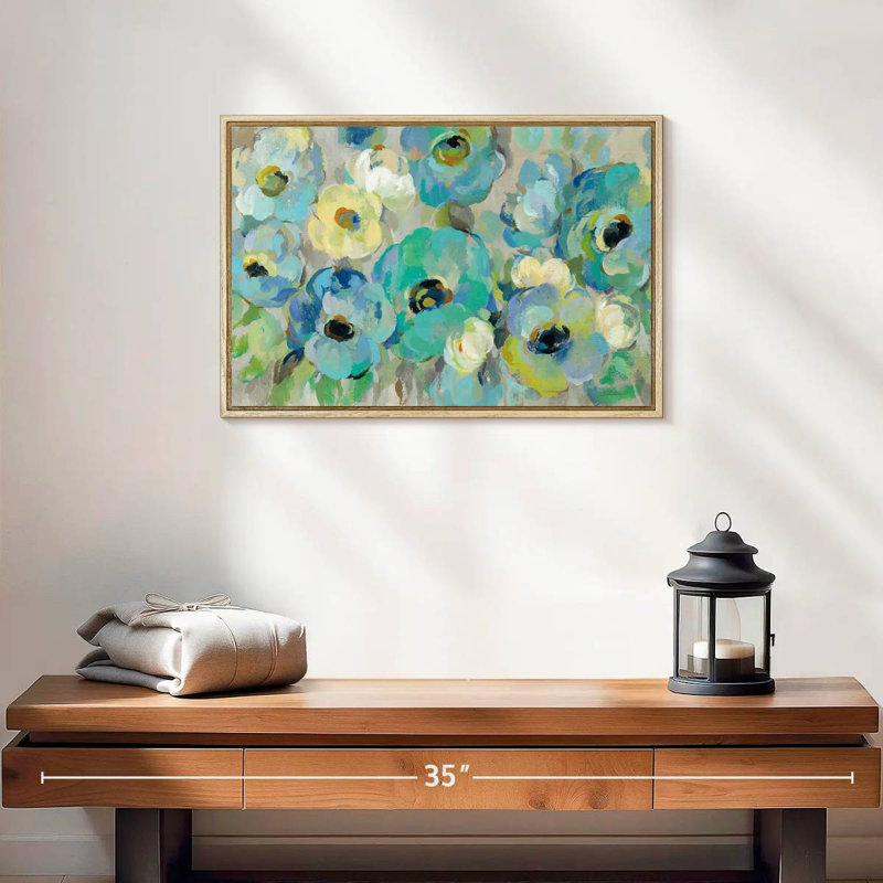 Fleurs bleu sarcelle fraîches I, Cadre flottant en bois naturel, 19 po x 13 po