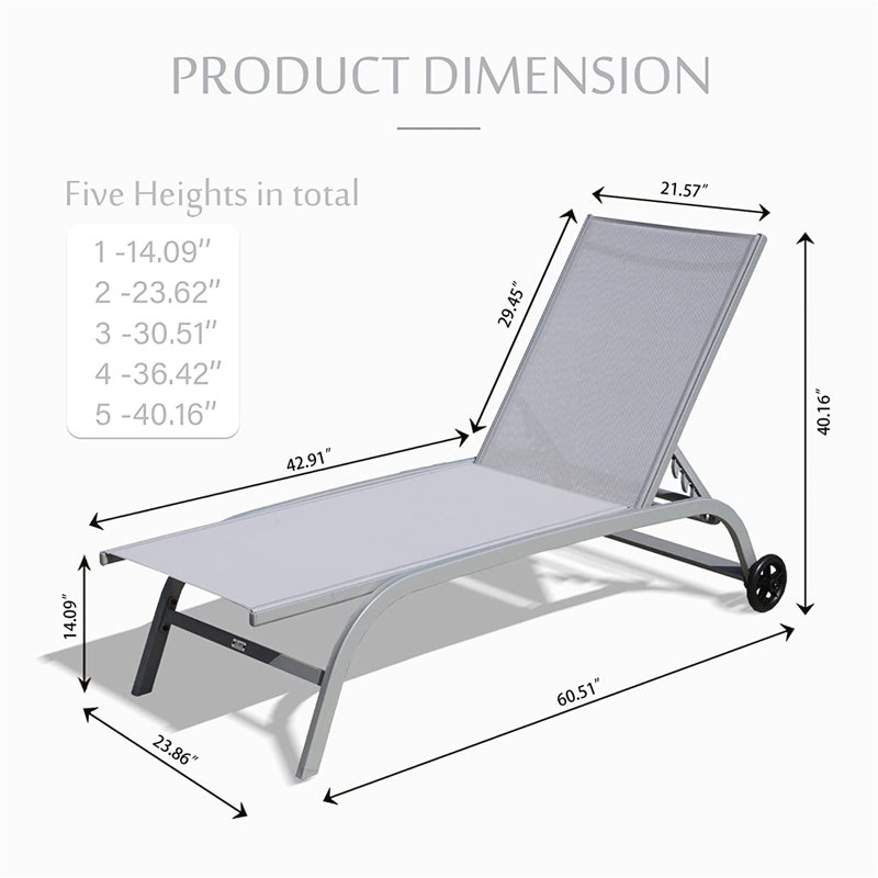 Chaise longue d'extérieur grise (2). 5 positions réglables, fabrication en aluminium robuste, housse, roulettes pour la portabilité, installation simple 2 chaises de jardin (gris) - durabilité toutes saisons, respirant, mobilité