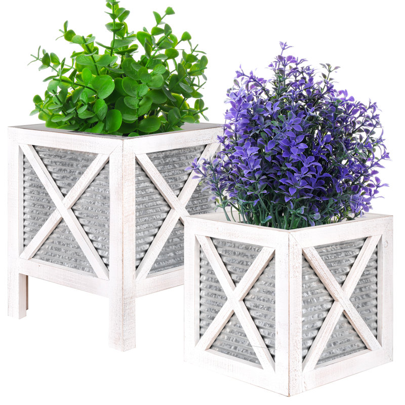 Autumn Alley Farmhouse Wood and Galvanized Metal Planter Box Set of 2 with Stand, White, White