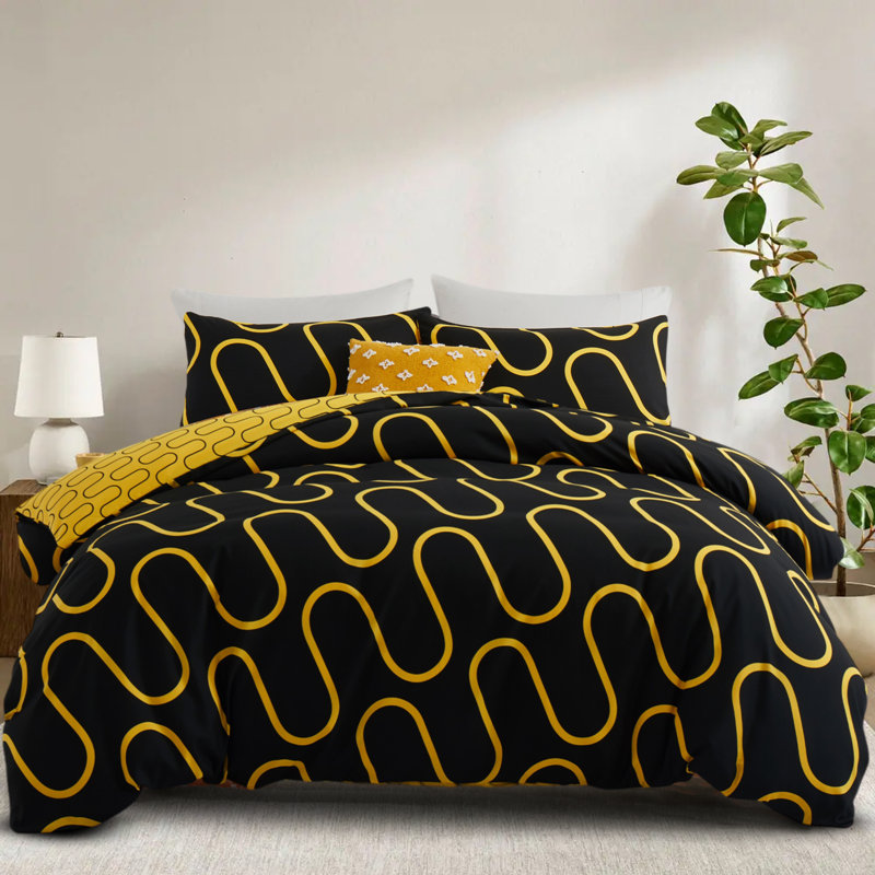 Dual Pattern Reversible Duvet Cover Set – Ultra Soft Brushed Microfiber Bedding with Matching Pillowcases, Ochre & Black Wave