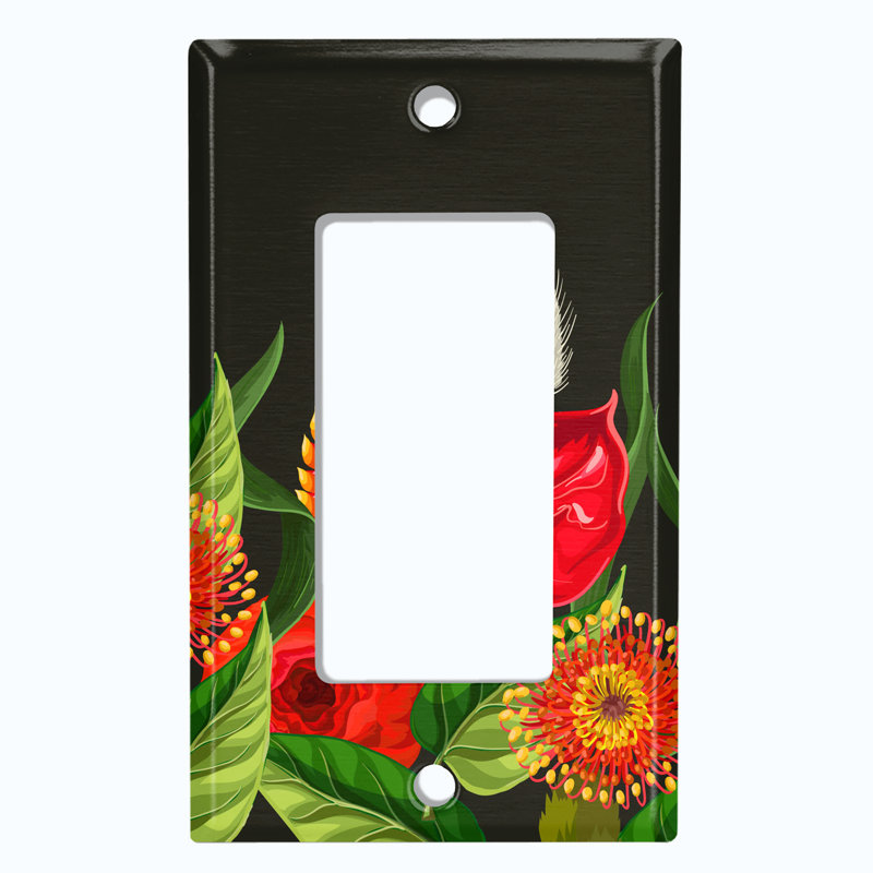 Red Lily Flowers Green Leaves Black Print 1 - Gang Toggle Light Switch Standard Wall Plate