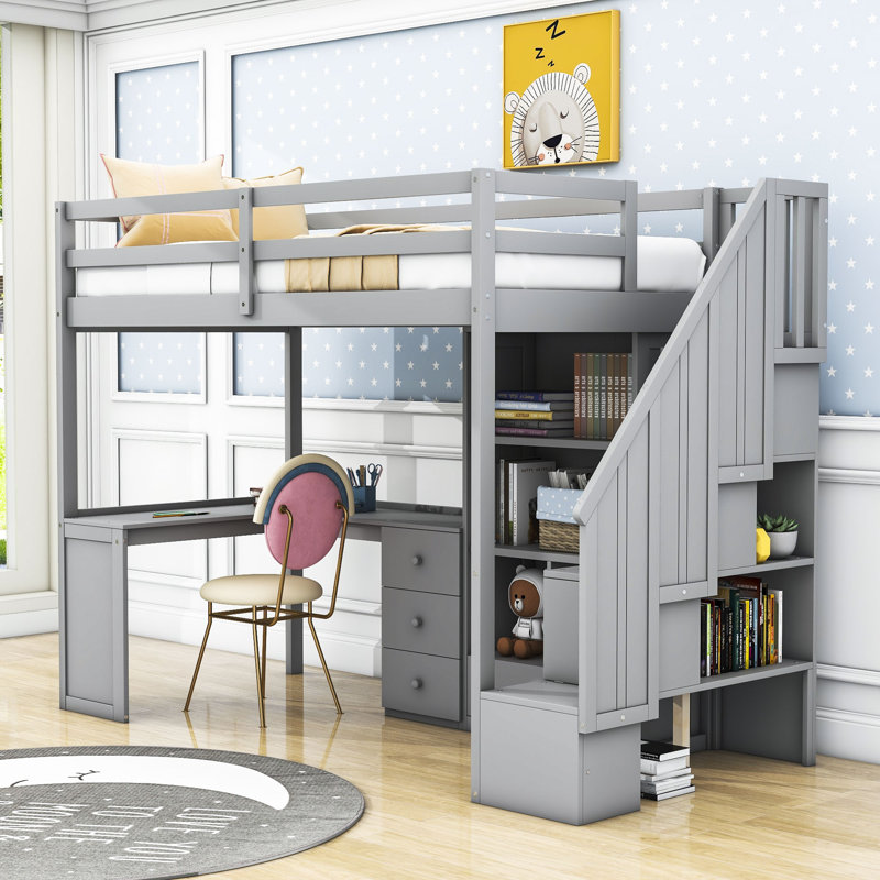 Haizley Kids Twin Loft Bed with Drawers, Gray