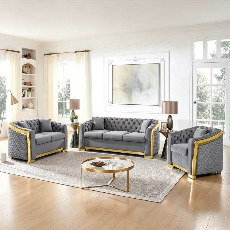 Ensemble canapé en velours de style Chesterfield, de style moderne du milieu du siècle
