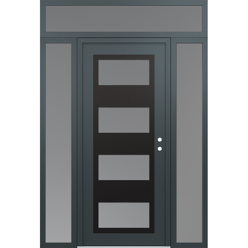 Panneau d'entrée en acier noir anthracite / anthracite avec 2 panneaux latéraux et porte d'entrée pré-montée traverse, Gelé